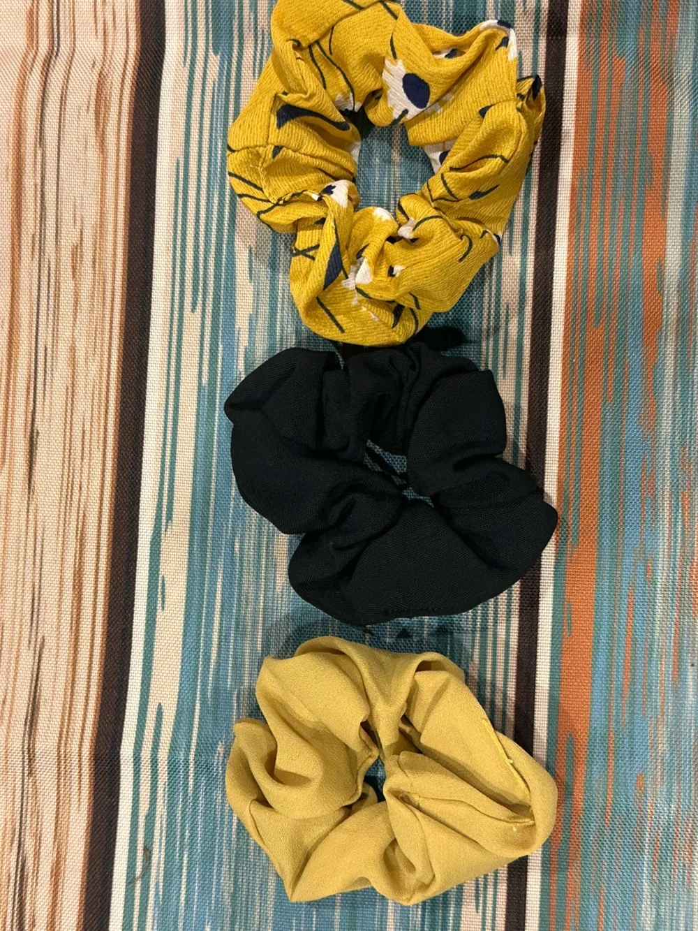 Set of 3 Hair Scrunchies - Mustard, Black, Patterned Yellow